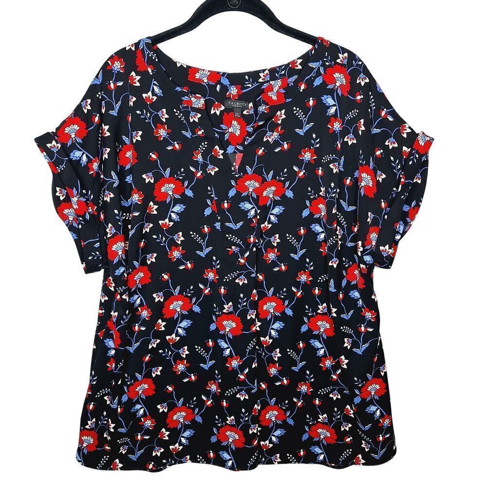 Talbots Plus Petite Dark Floral Popover Top 2Xp Short Sleeve Notch Collar Boho
